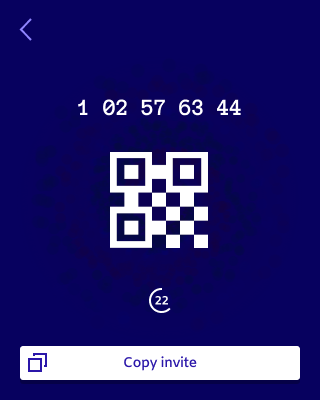 Numbers may be the most accessible, given the familiarity with phone numbers, one-time codes, and complexity of localization. This prototype also includes a timer to visually indicate how long the invitation is valid.