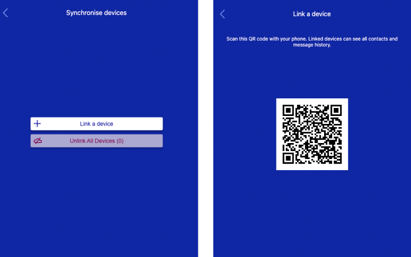 Users can scan the QR code with a camera to link two devices. This could also be done using a code, similar to adding a new contact. However, these screens should look sufficiently different than the invitation code screen.