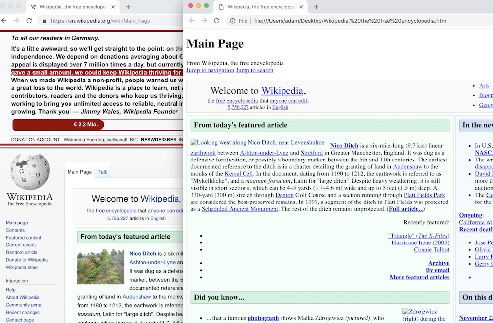 The front page of Wikipedia saved from a browser and re-opened in the same browser. While the text is preserved, most users would not consider this a good snapshot.