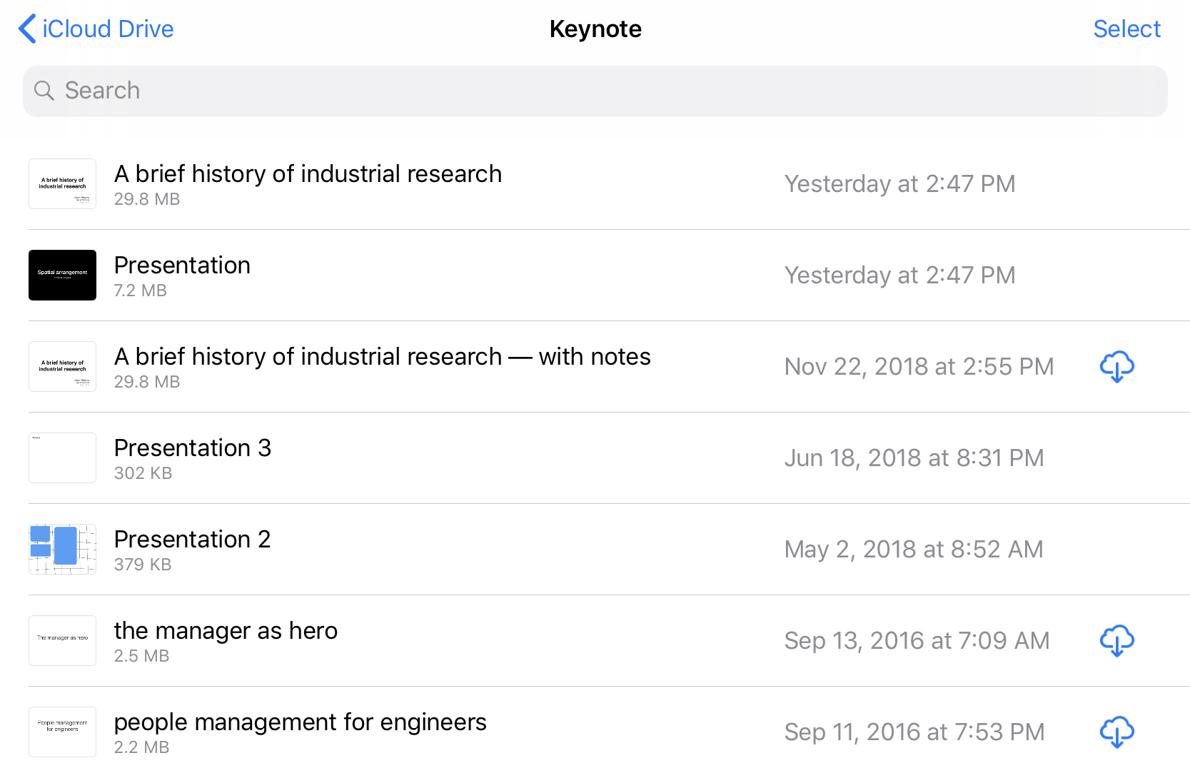 The Files app on iPad gives more prominence to the item title (here, the name of each presentation) than the tiny thumbnail preview. Which is the user more likely to remember, the name of the item or how it looks?