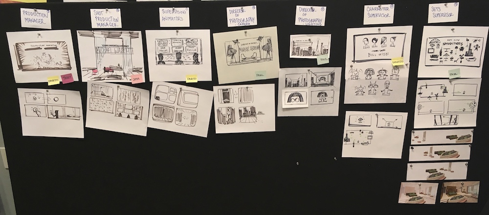 Pinboards used in an art room at Pixar during the creation of the Incredibles 2.