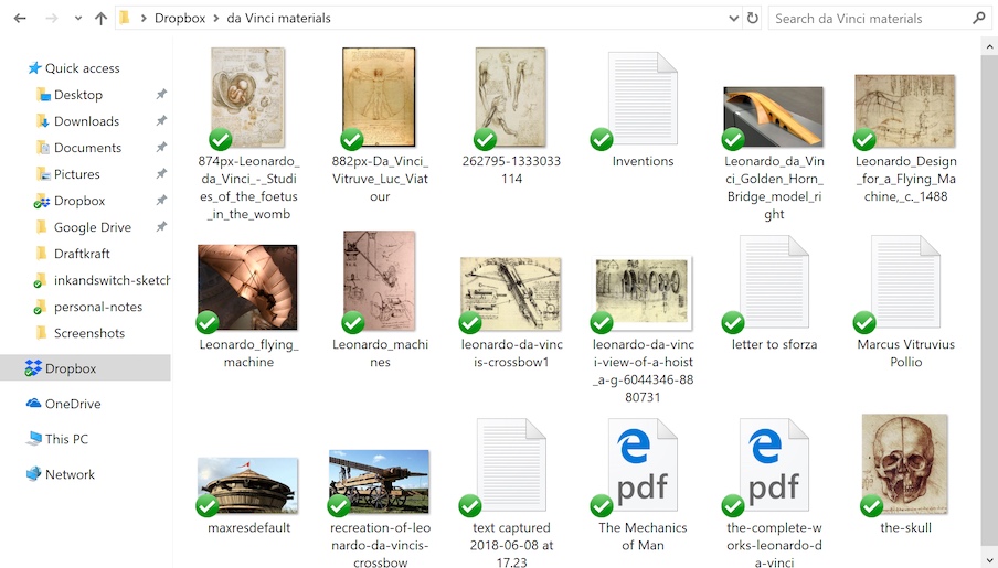 The Windows File Explorer emphasizes filename first, with thumbnail previews for only some file types.