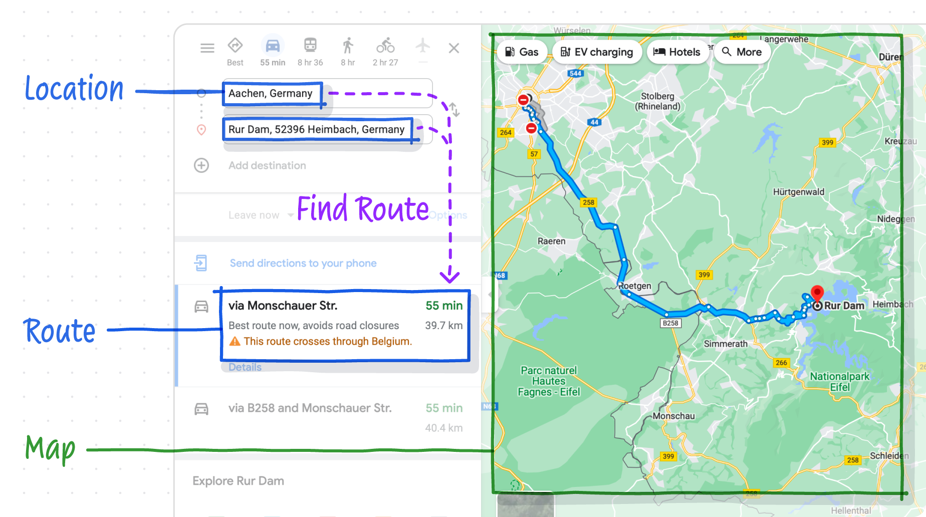 A mapping app consists of: structured data types (Location and Route), computations (Find Route) and views (Map).