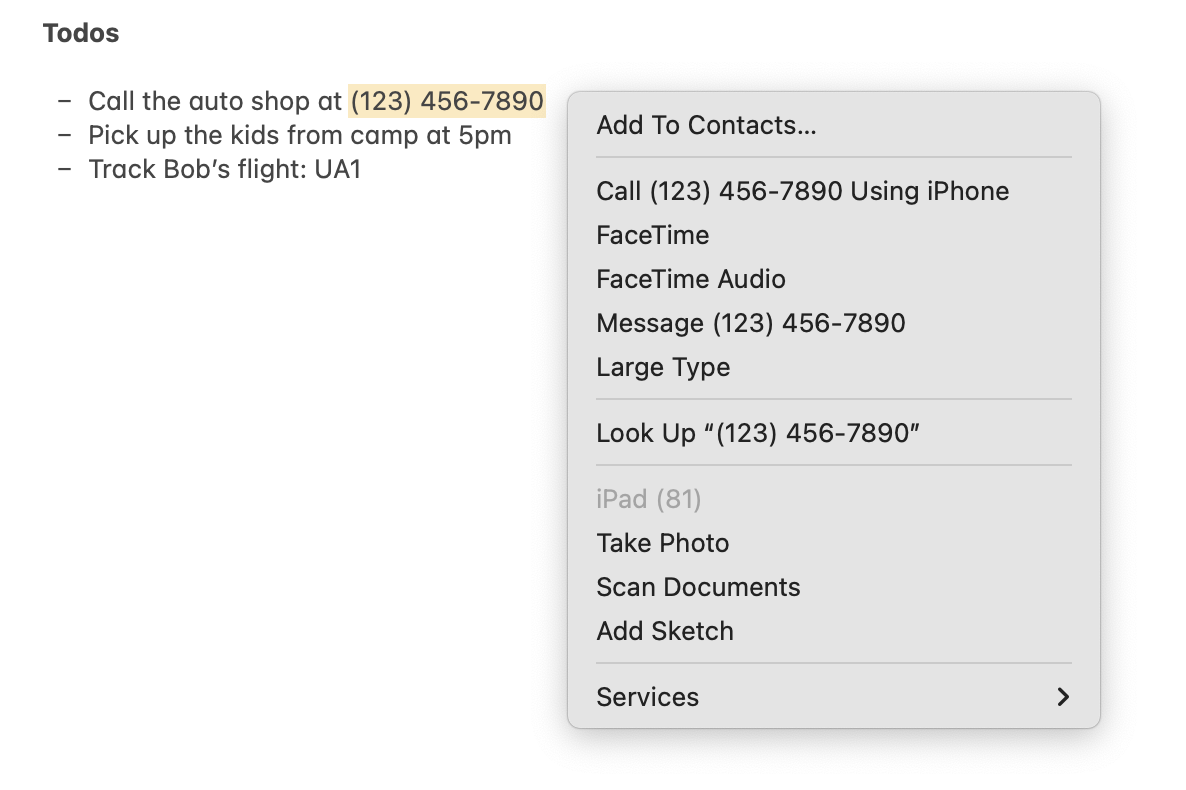 A data detector in macOS enables right-clicking on a phone number to add it to contacts or make a phone call.
