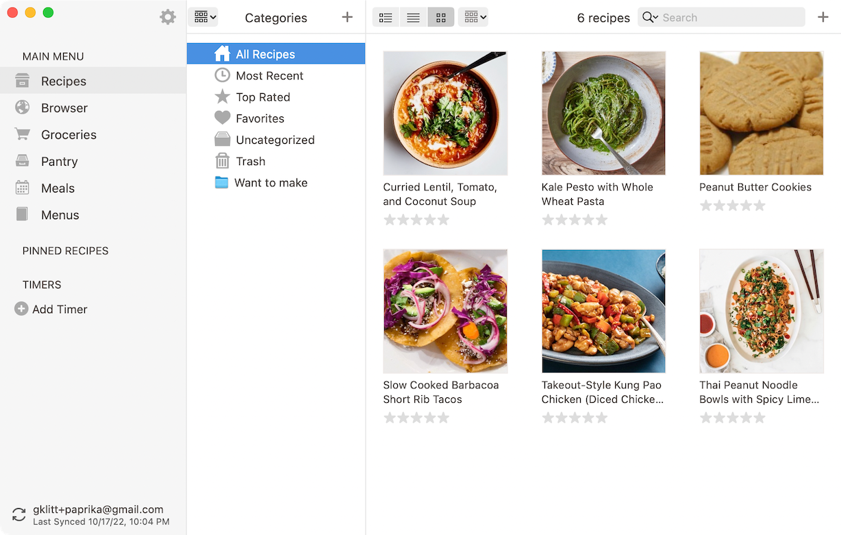Beyond the core recipe functionality, Paprika&rsquo;s sidebar has extra features for Groceries, Pantry, Meals, and Menus