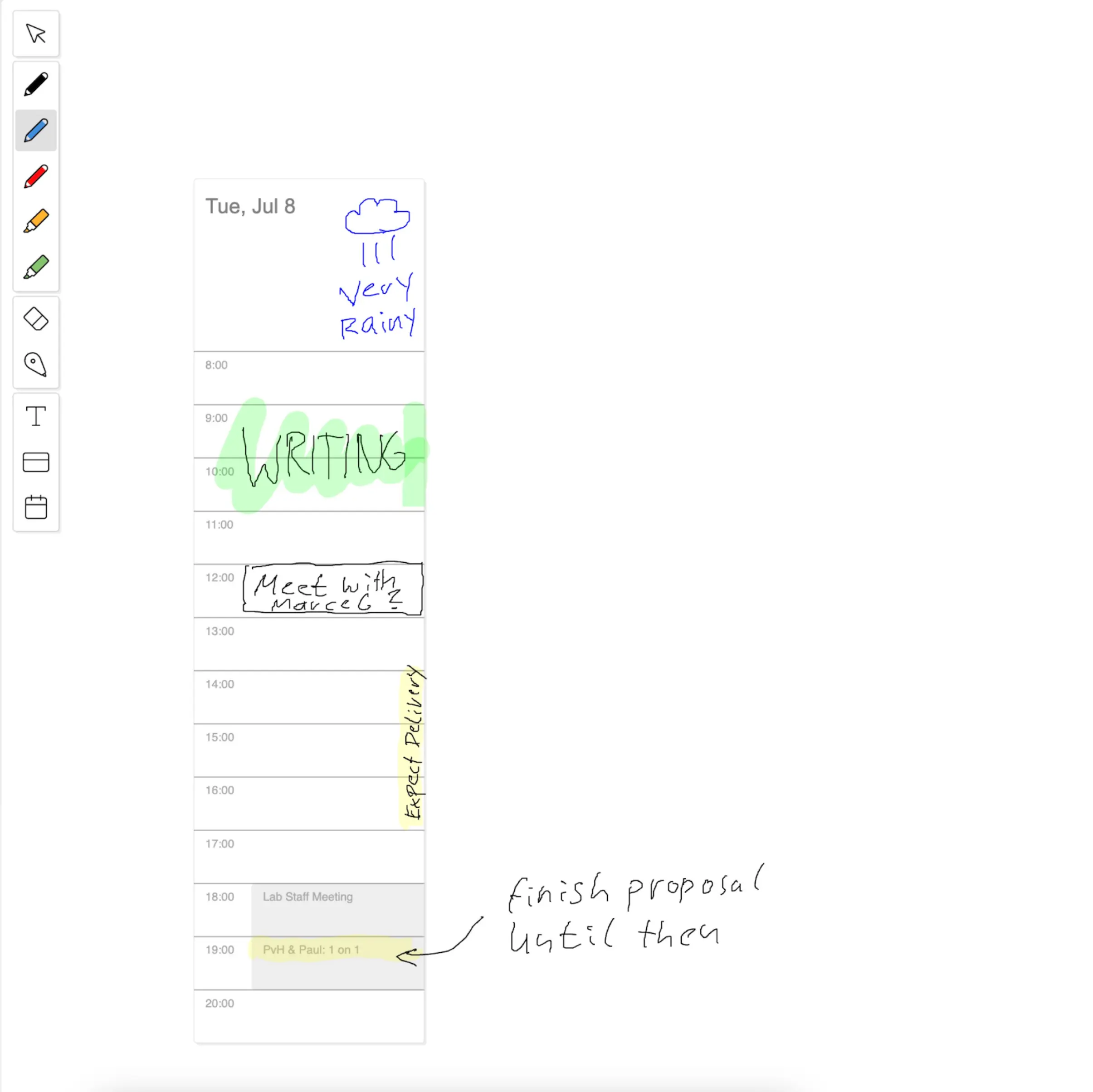 Pens and markers are very expressive: you can block out time, sketch tenative events or annotate meetings