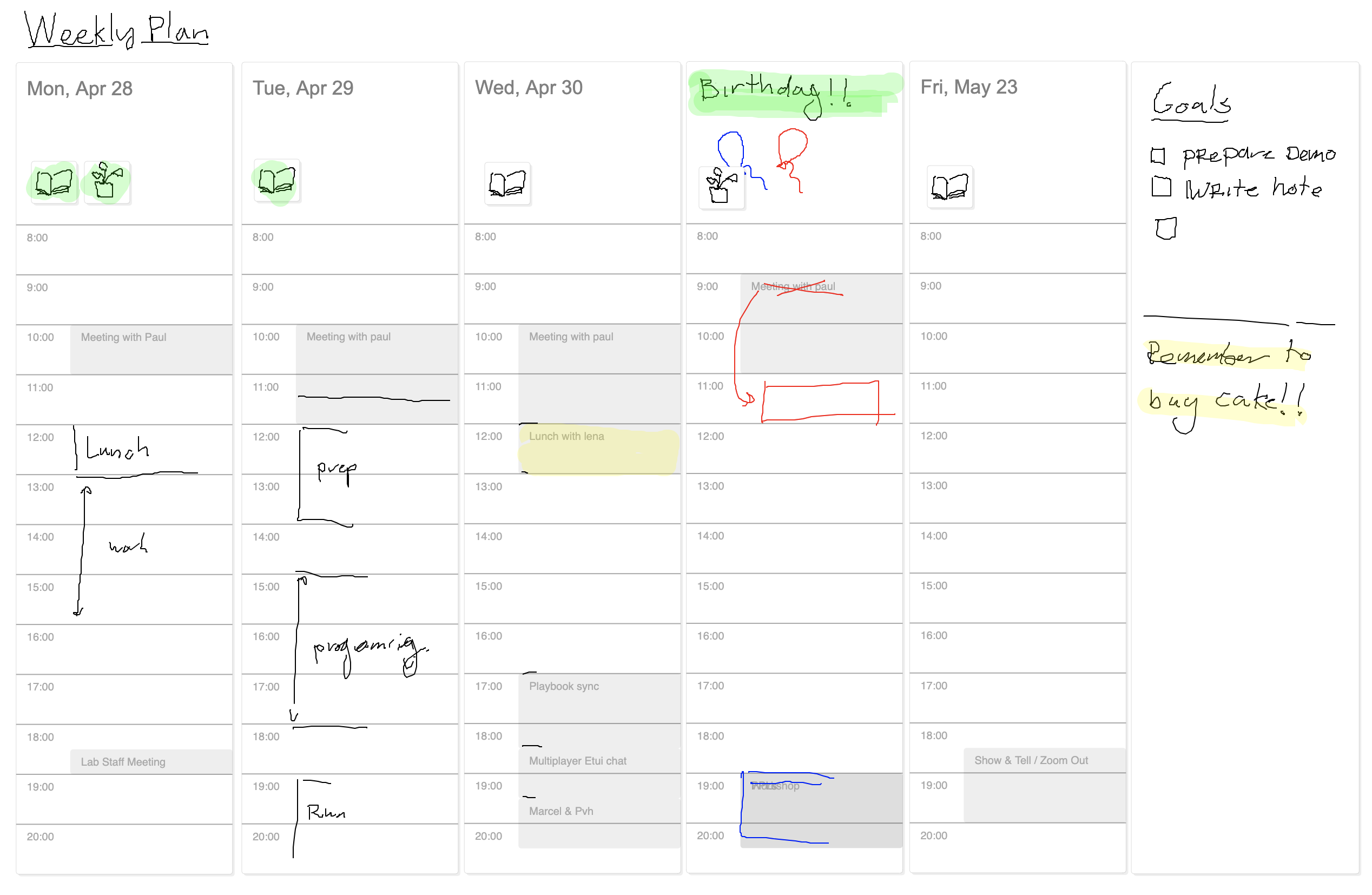Screenshot of digital notebook with calendar