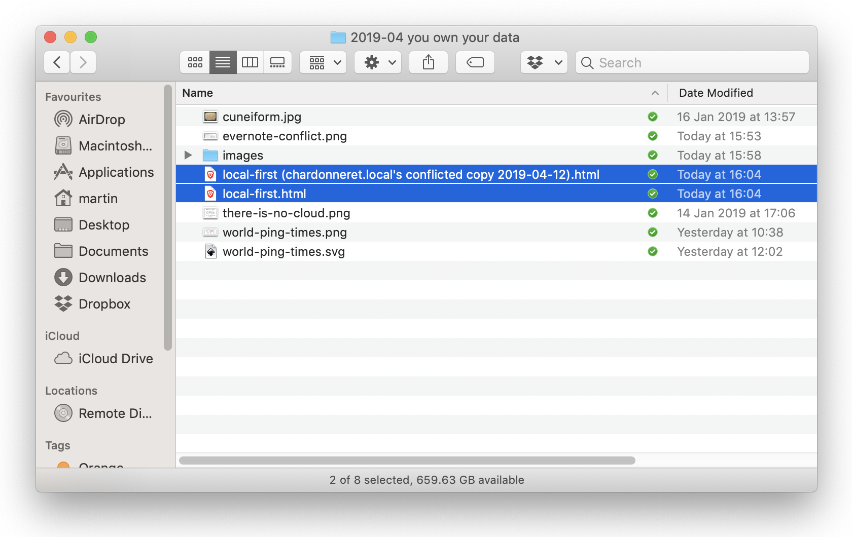 Finder window showing conflicted files in Dropbox