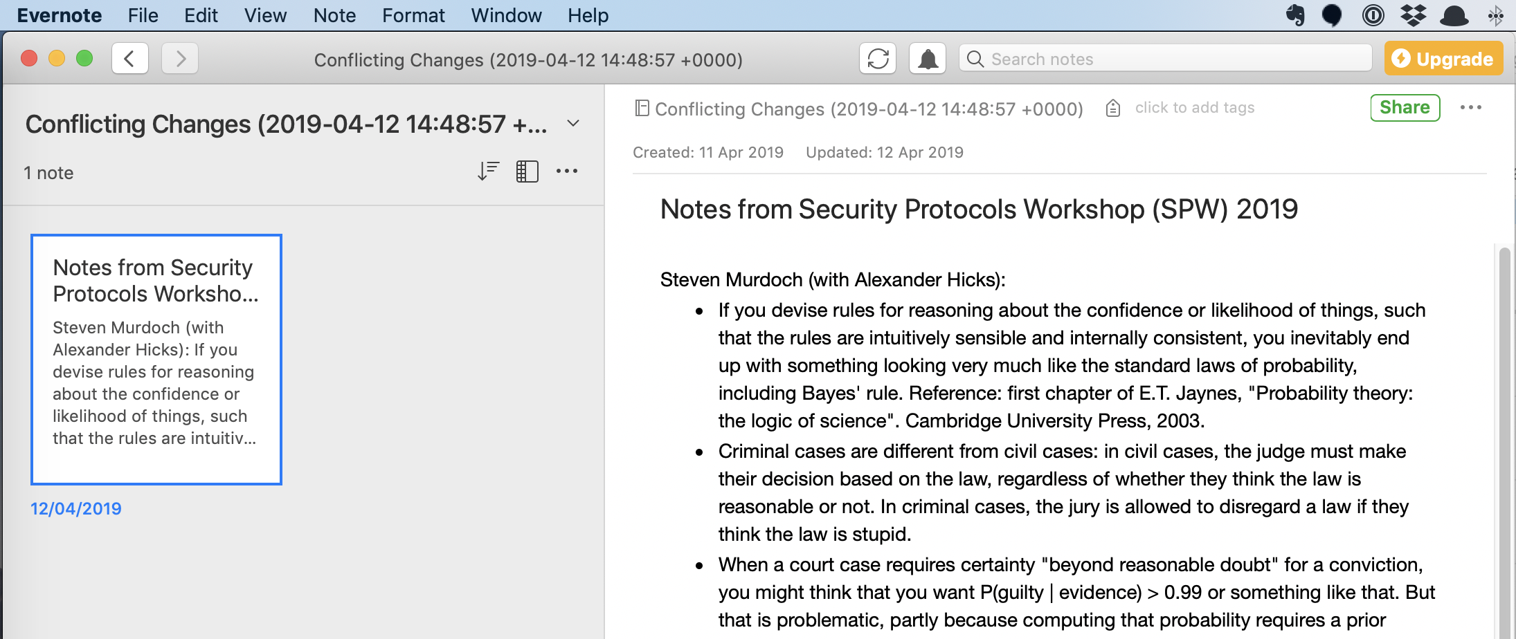 A note with conflicting edits in Evernote