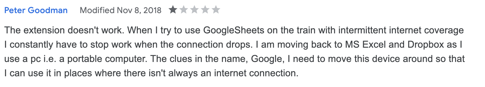 A negative user review of the Google Docs offline extension