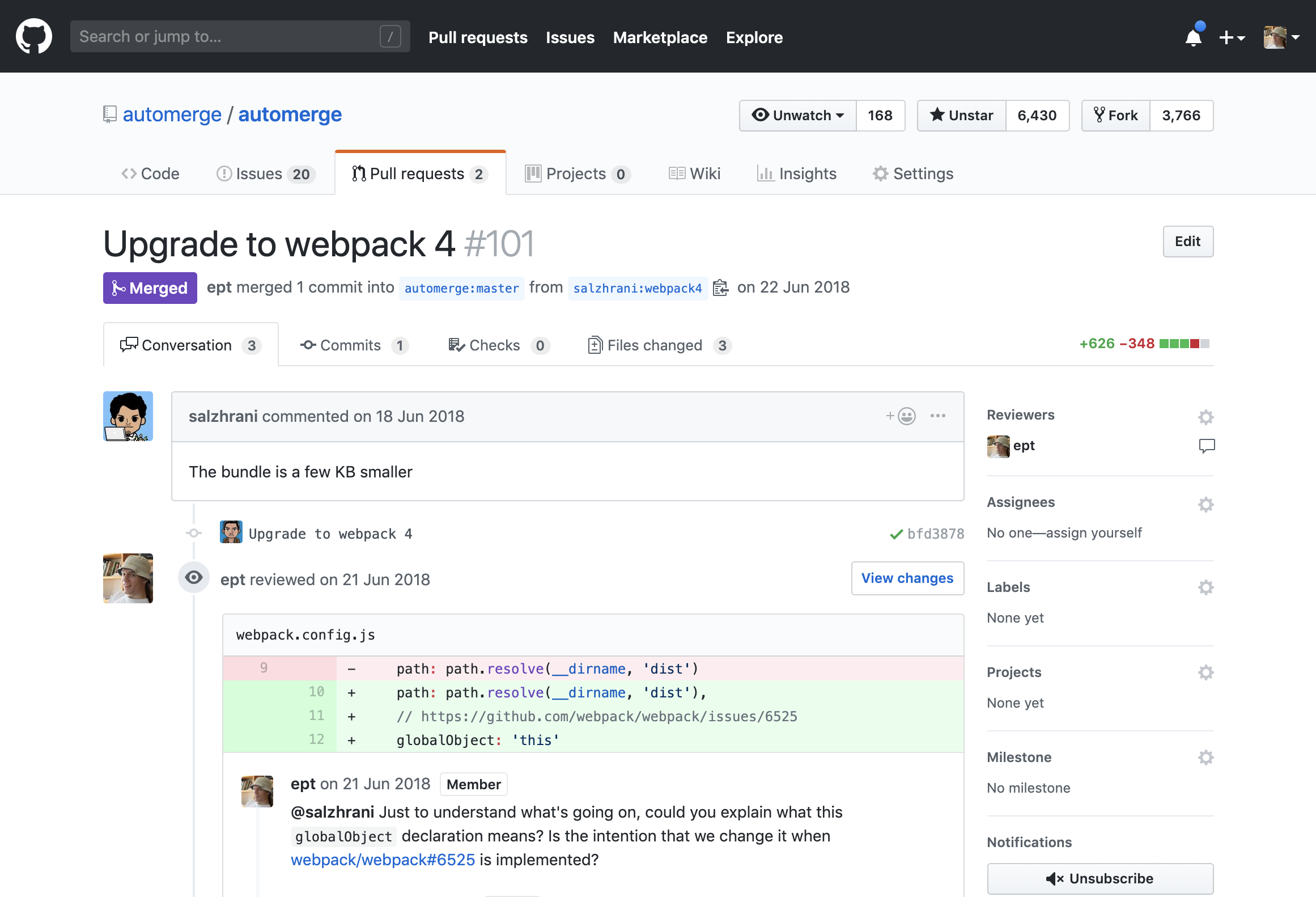 A pull request on GitHub
