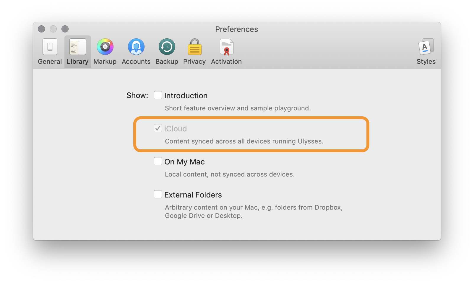 The preferences dialog of Ulysses, with the iCloud option checked