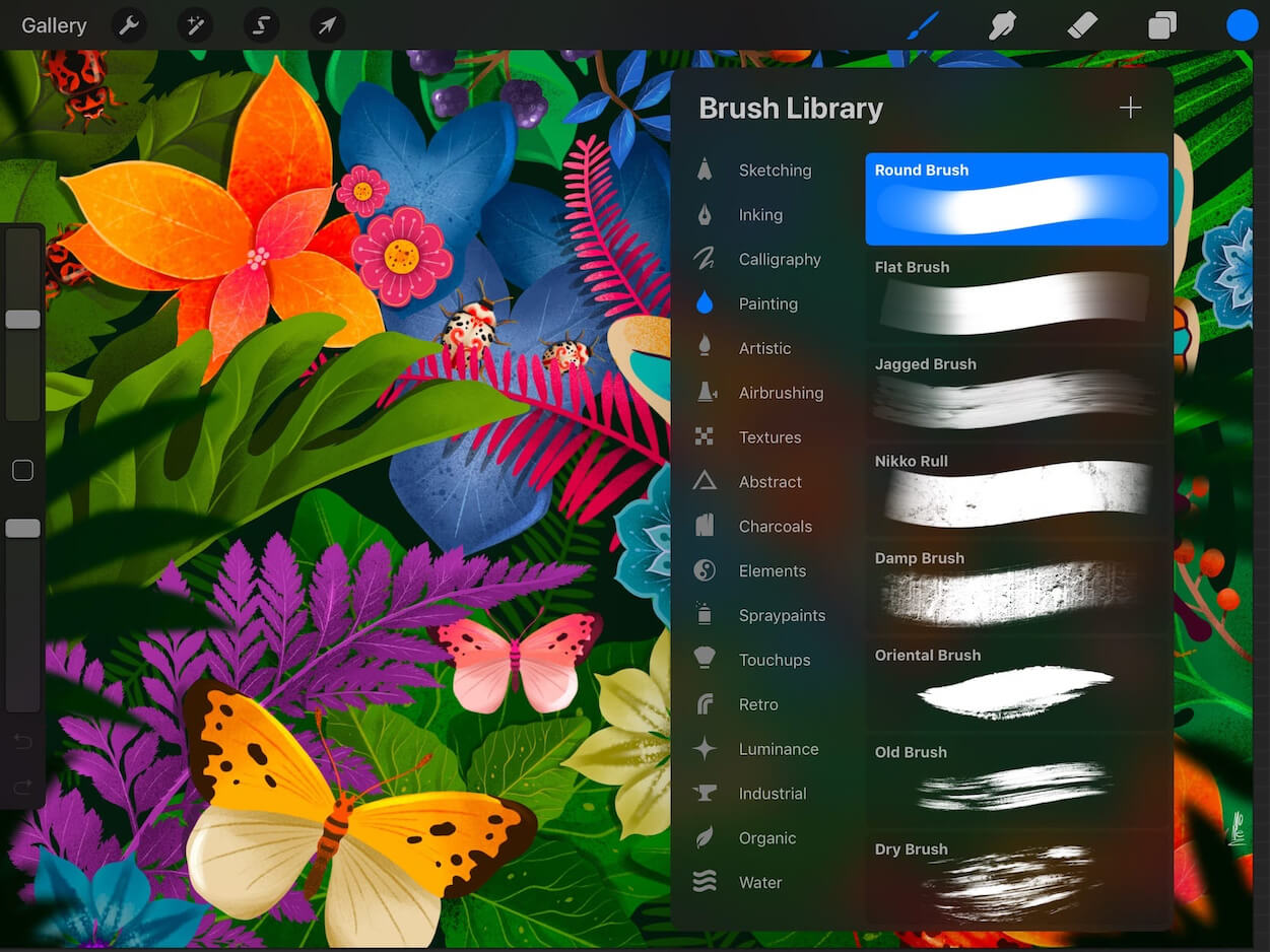 It’s easy to get lots of functionality in a stylus based app via chrome like buttons, palettes, and menus. Procreate, shown here, asks the users to select from dozens of potential brushes, obscuring large parts of their work.