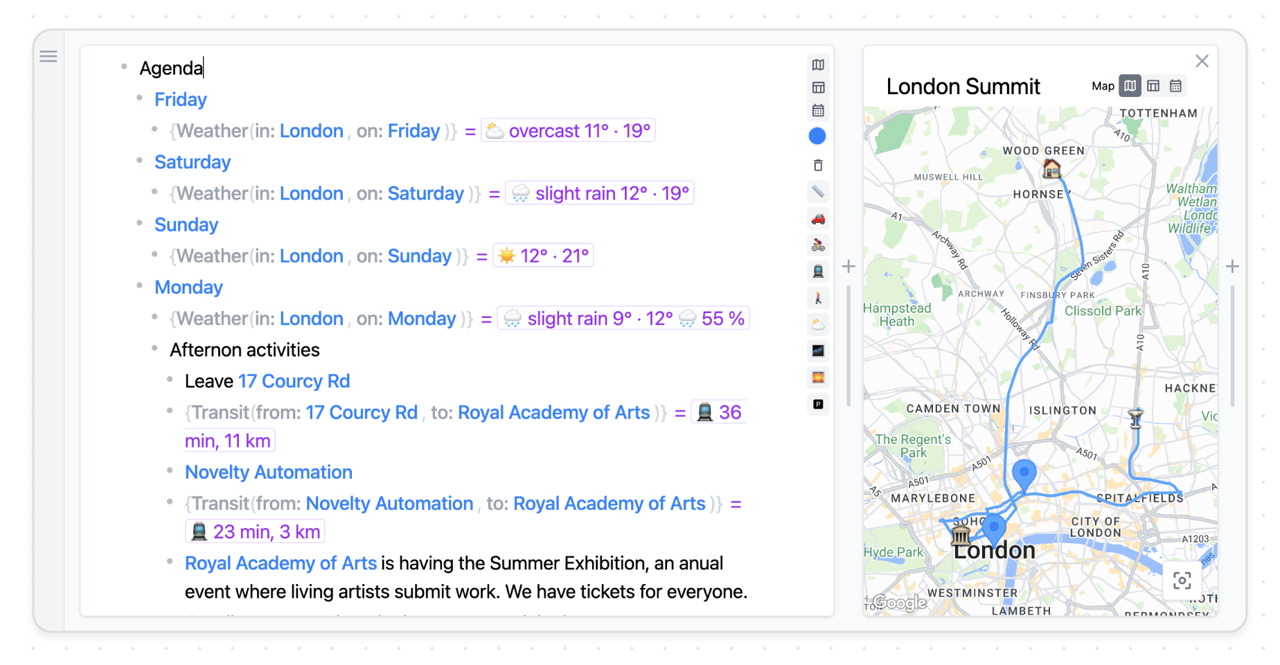 Using a text outline and a map view to plan a team summit in Embark.