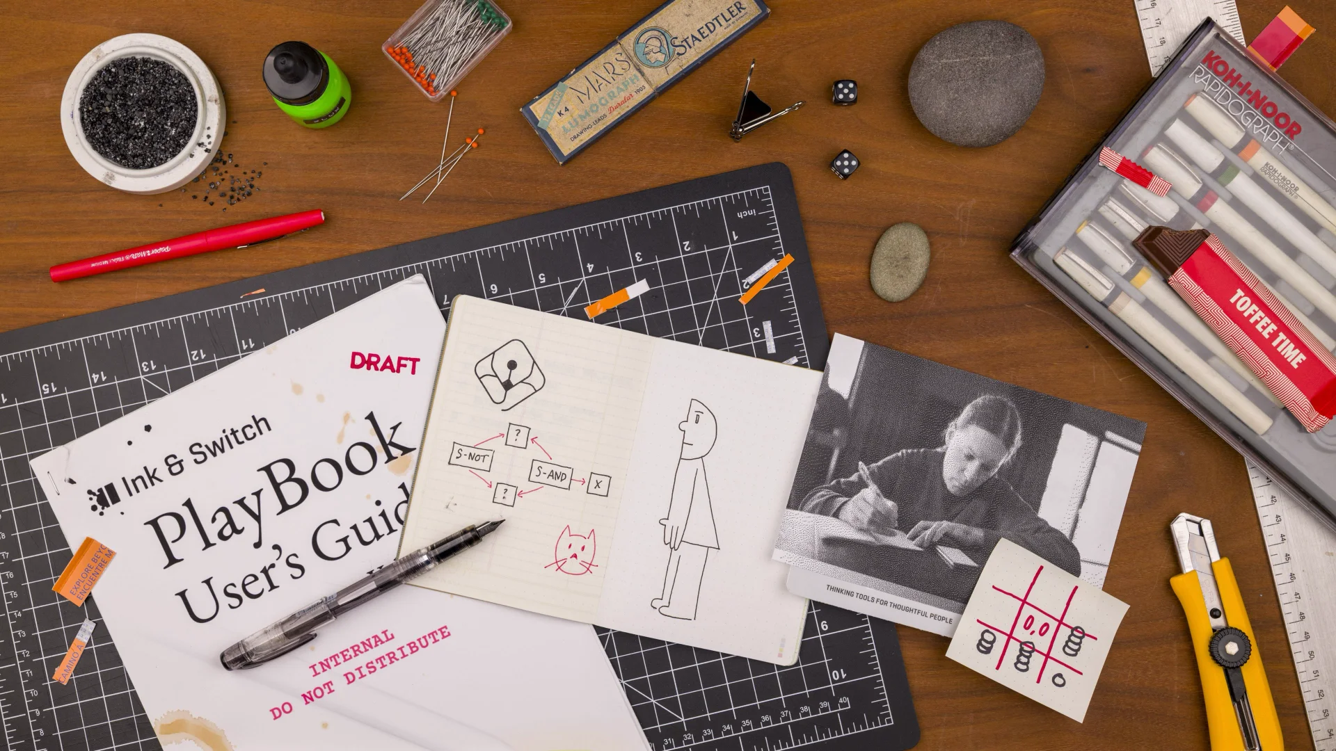 Photo of a desk covered with objects relevant to Programmable Ink research: A small pot of black inklets, a bottle of glowing green flux, pins, dice, stones, a ruler, technical pens, chocolate, and a knife all adorn the edge of the photo. At the center, a coffee-stained draft print of the PlayBook user guide, an open notebook showing sketches of propagators and a cat, and a dithered photo of Martin Kleppmann are spread out across a ruled cutting mat.