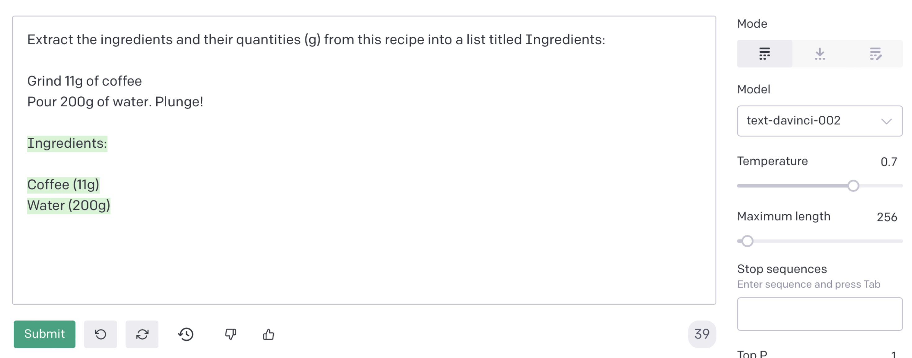 Extracting the ingredients from a recipe using GPT-3