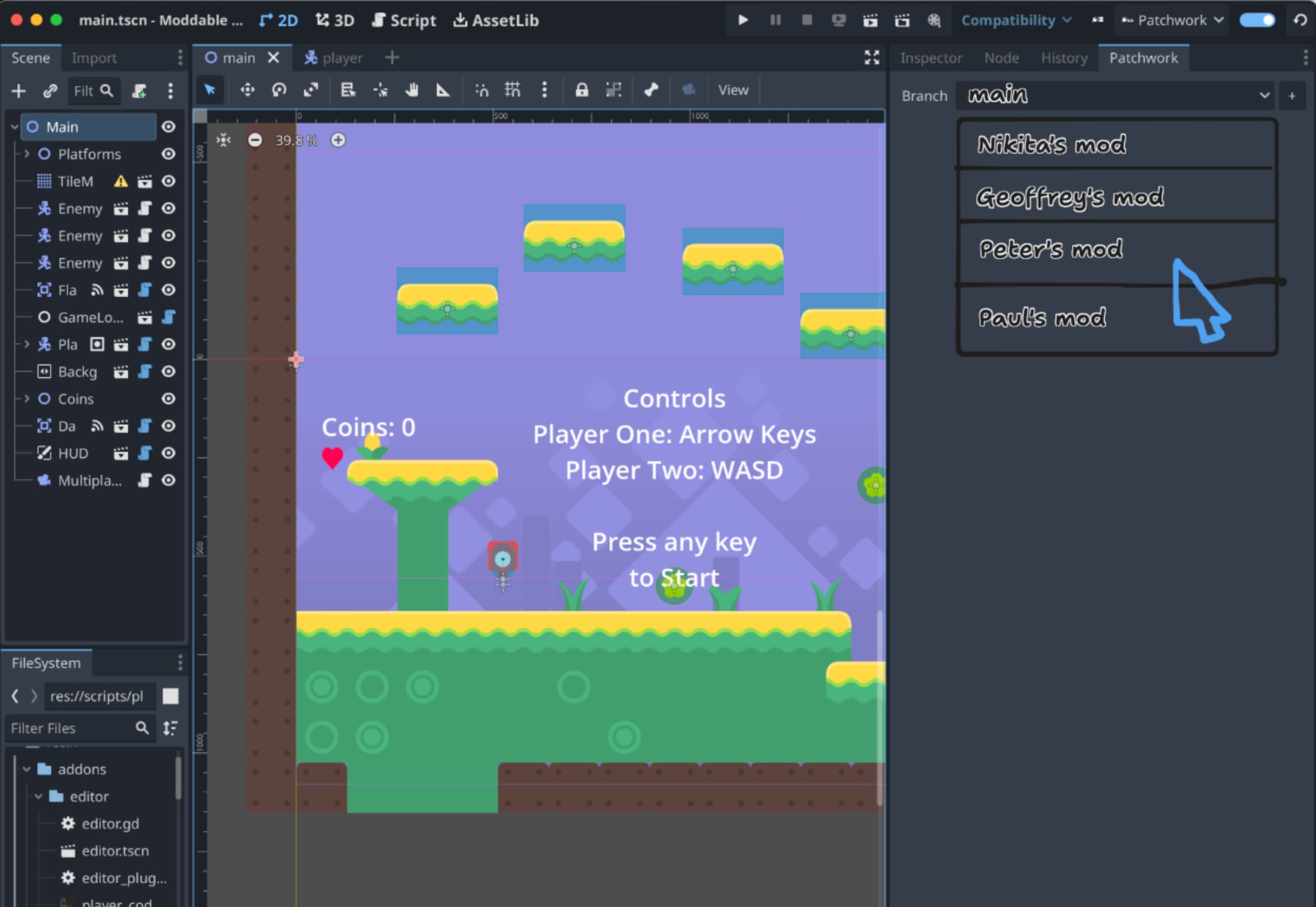 Godot with a simple branch picker to create new branches and switch between versions