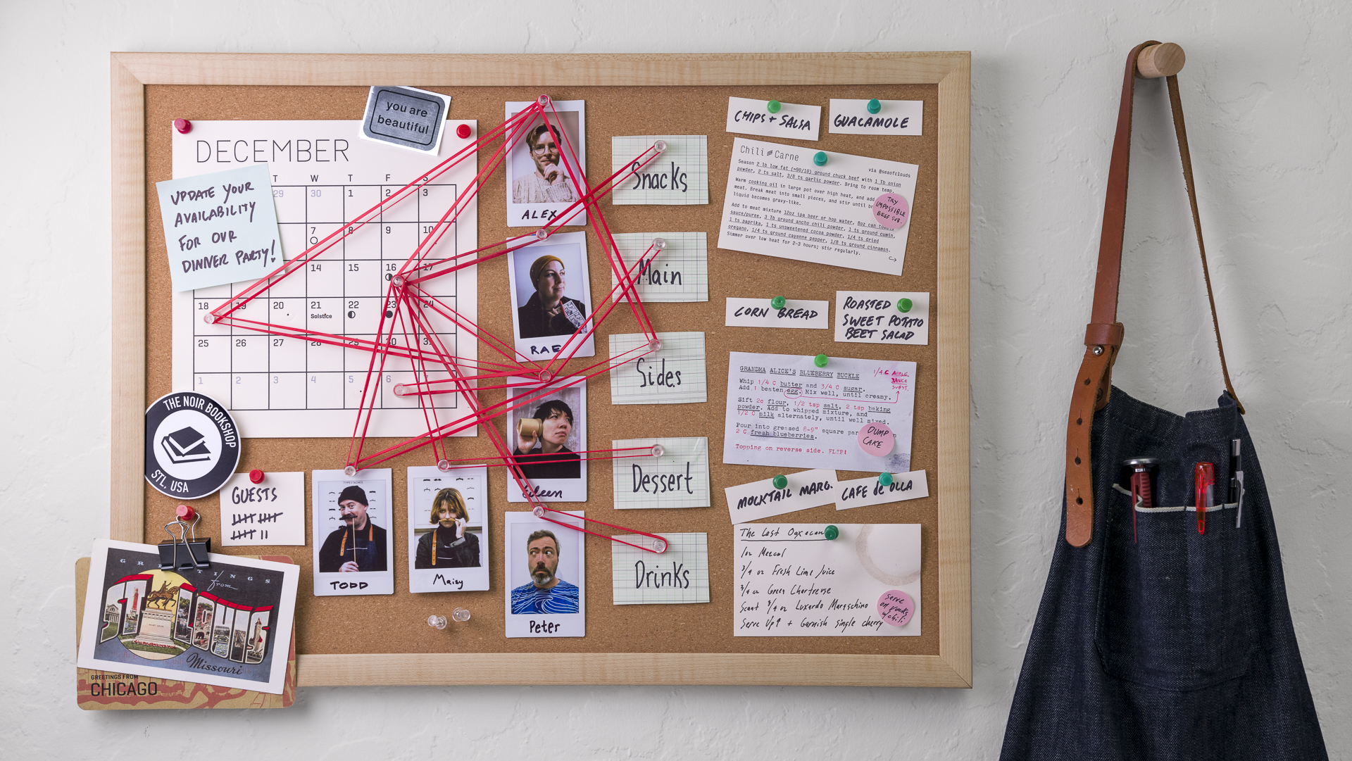 A shared pinboard becomes a collaborative modeling tool to plan a dinner party.
