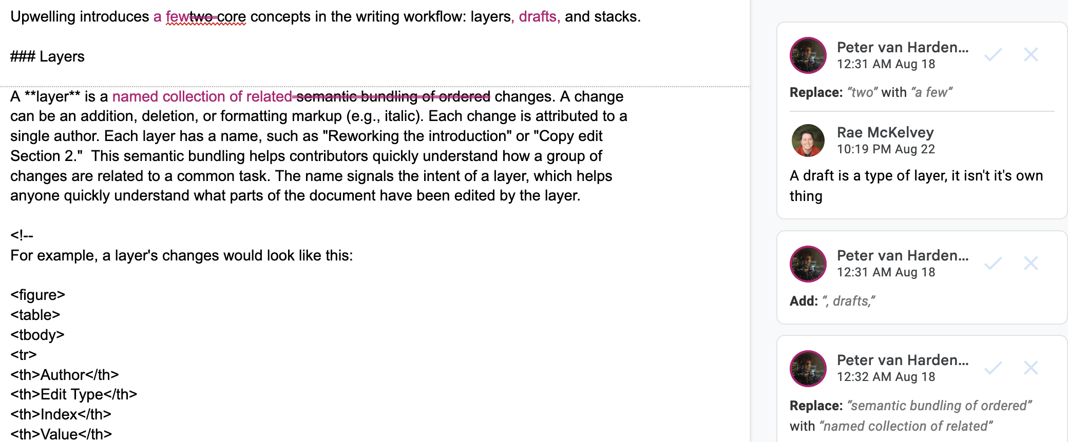 In Google Docs, every consecutive sequence of modified characters becomes a separate change suggestion, occupying space in the sidebar. When many small edits are made, the user interface becomes difficult to manage.